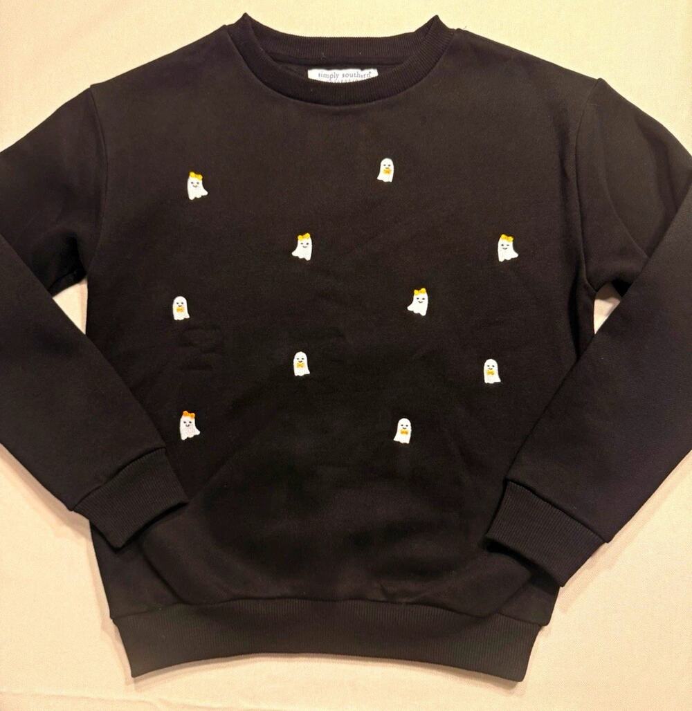 Simply Southern Black Embroidered Ghost Halloween Sweatshirt Pullover L Girls